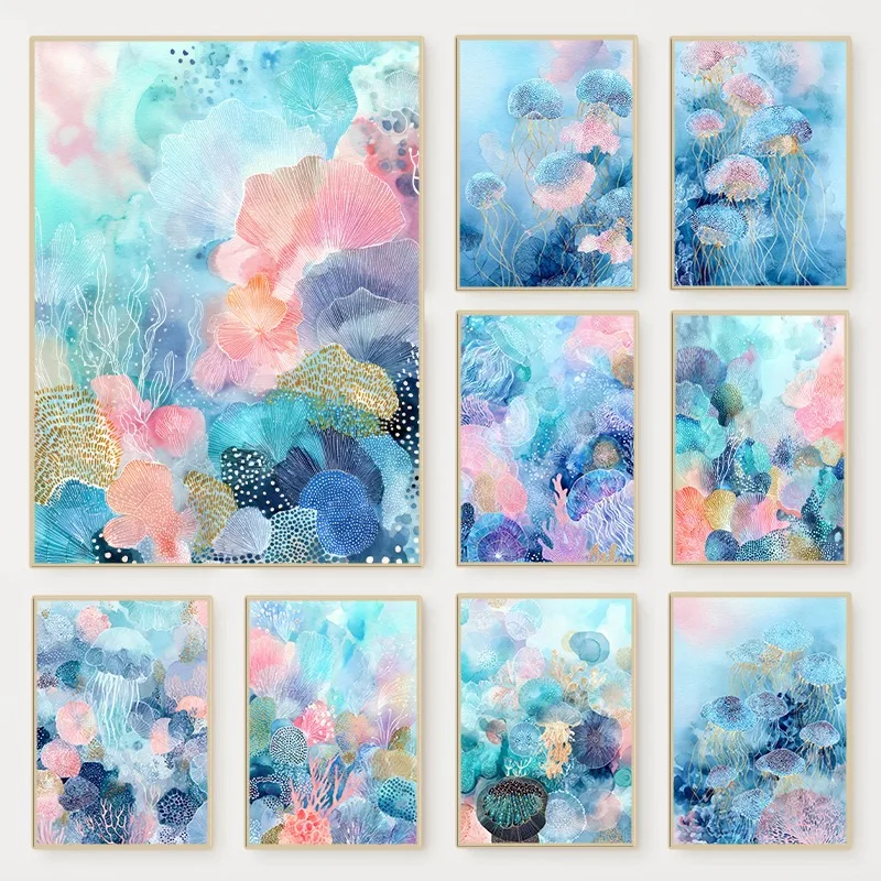Marine Coral - Abstract Watercolor Ocean Coral Jellyfish Poster